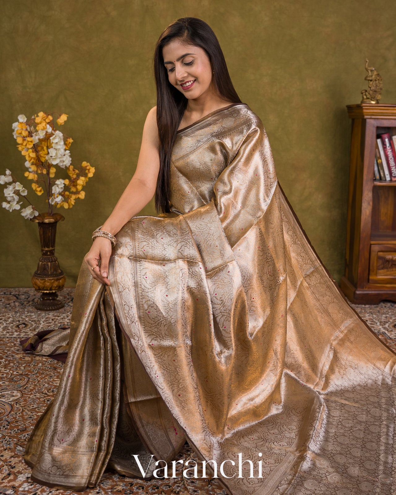 Chocolate Brown Brocade Pure Tissue Katan Silk Handloom Saree