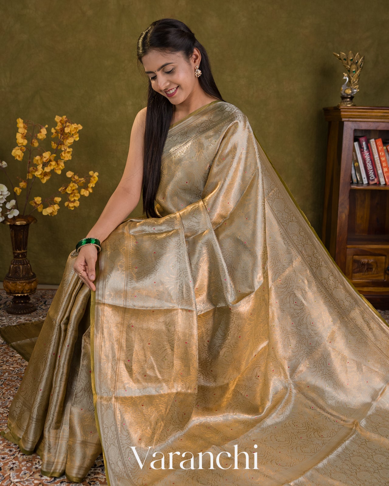Antique Gold Brocade Pure Tissue Katan Silk Handloom Saree