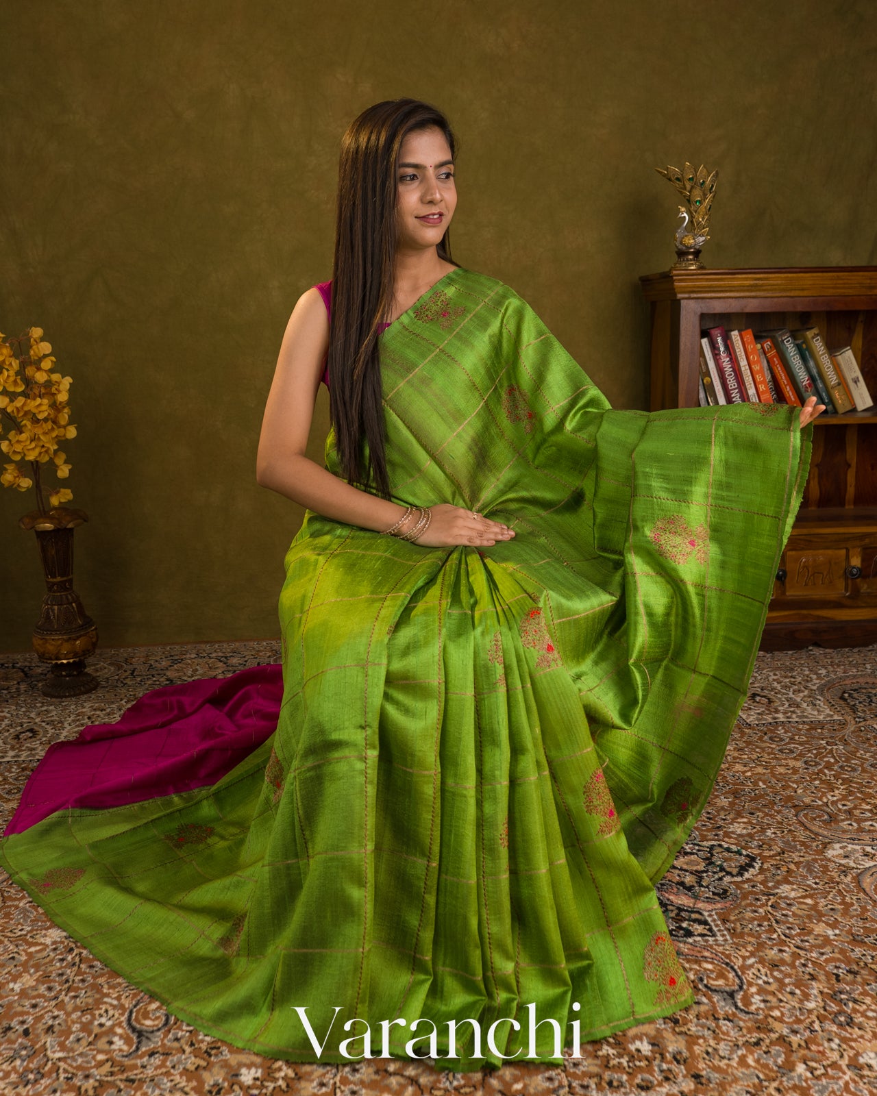 Parrot Green Checked Pure Raw Silk Handloom Saree