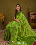 Parrot Green Checked Pure Raw Silk Handloom Saree