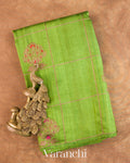 Parrot Green Checked Pure Raw Silk Handloom Saree