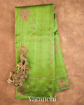 Parrot Green Checked Pure Raw Silk Handloom Saree