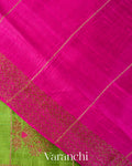 Parrot Green Checked Pure Raw Silk Handloom Saree