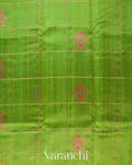 Parrot Green Checked Pure Raw Silk Handloom Saree