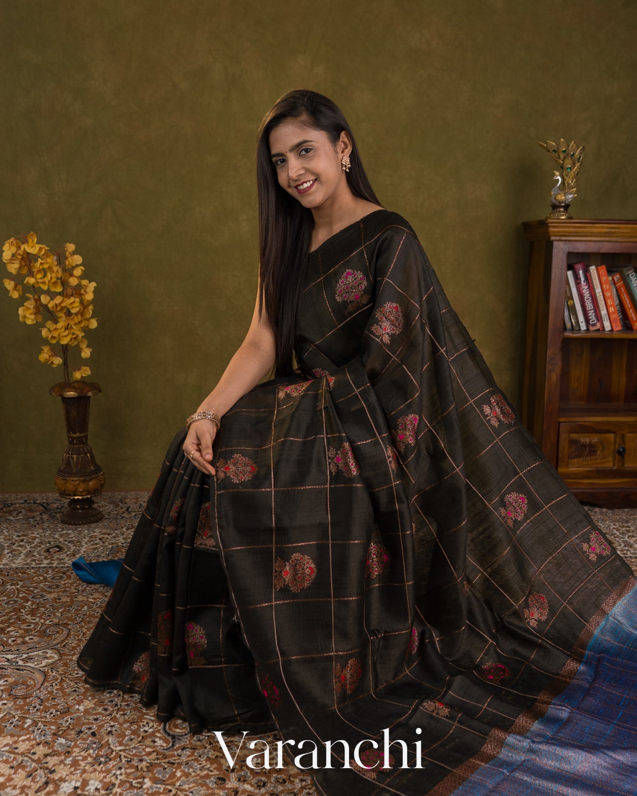 Black Checked Pure Raw Silk Handloom Saree