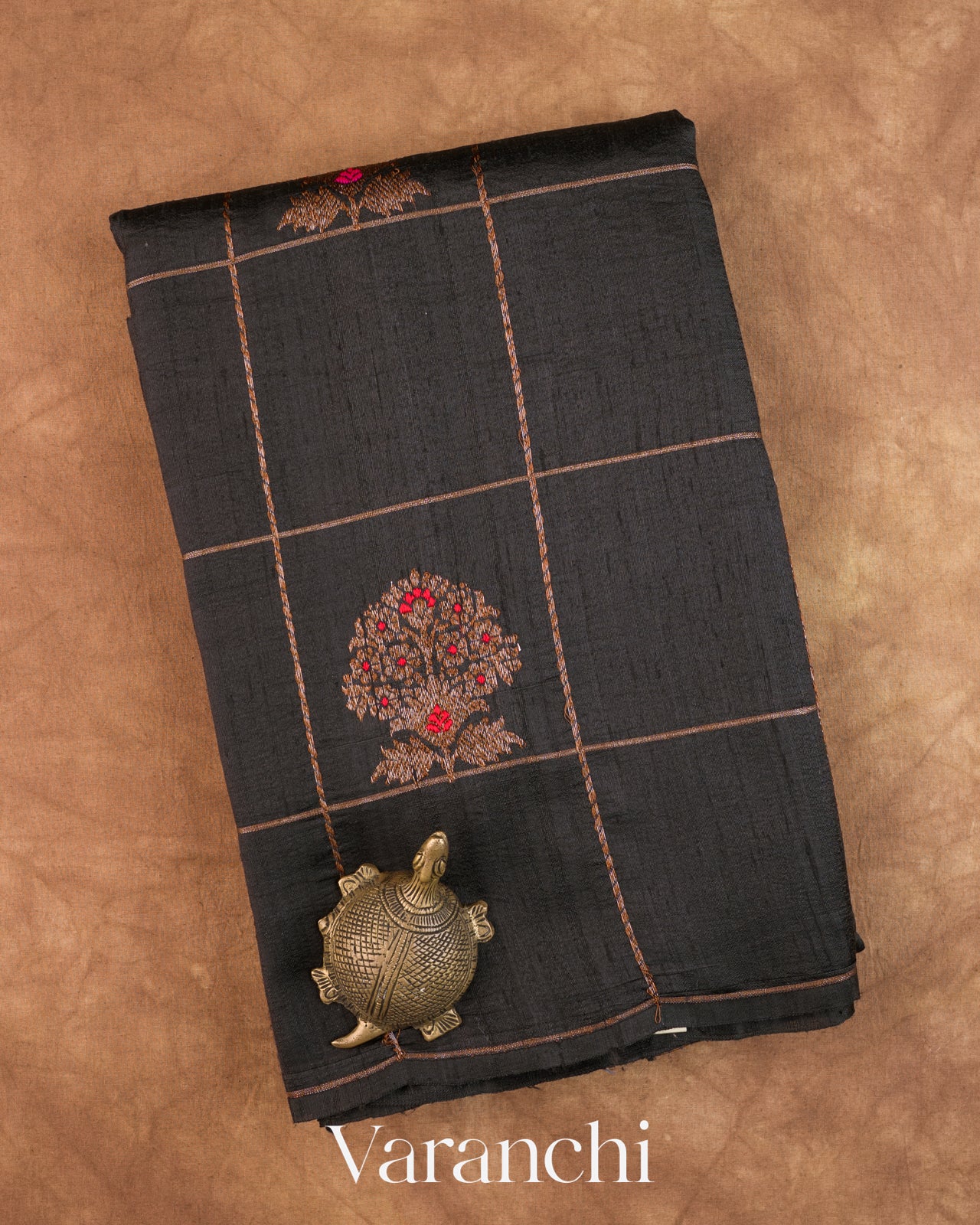 Black Checked Pure Raw Silk Handloom Saree