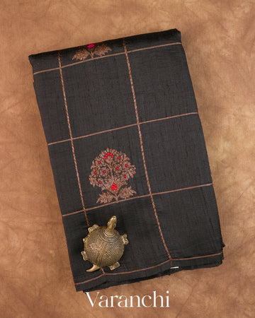 Black Checked Pure Raw Silk Handloom Saree