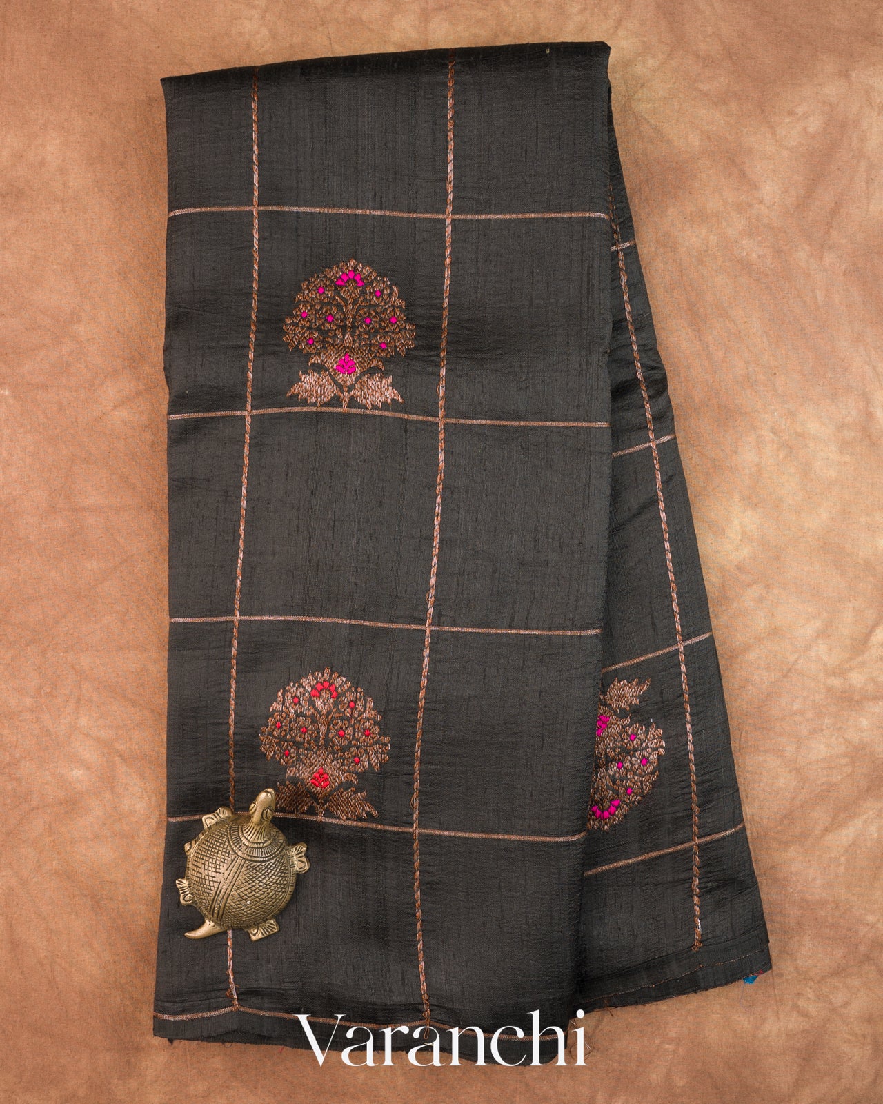 Black Checked Pure Raw Silk Handloom Saree