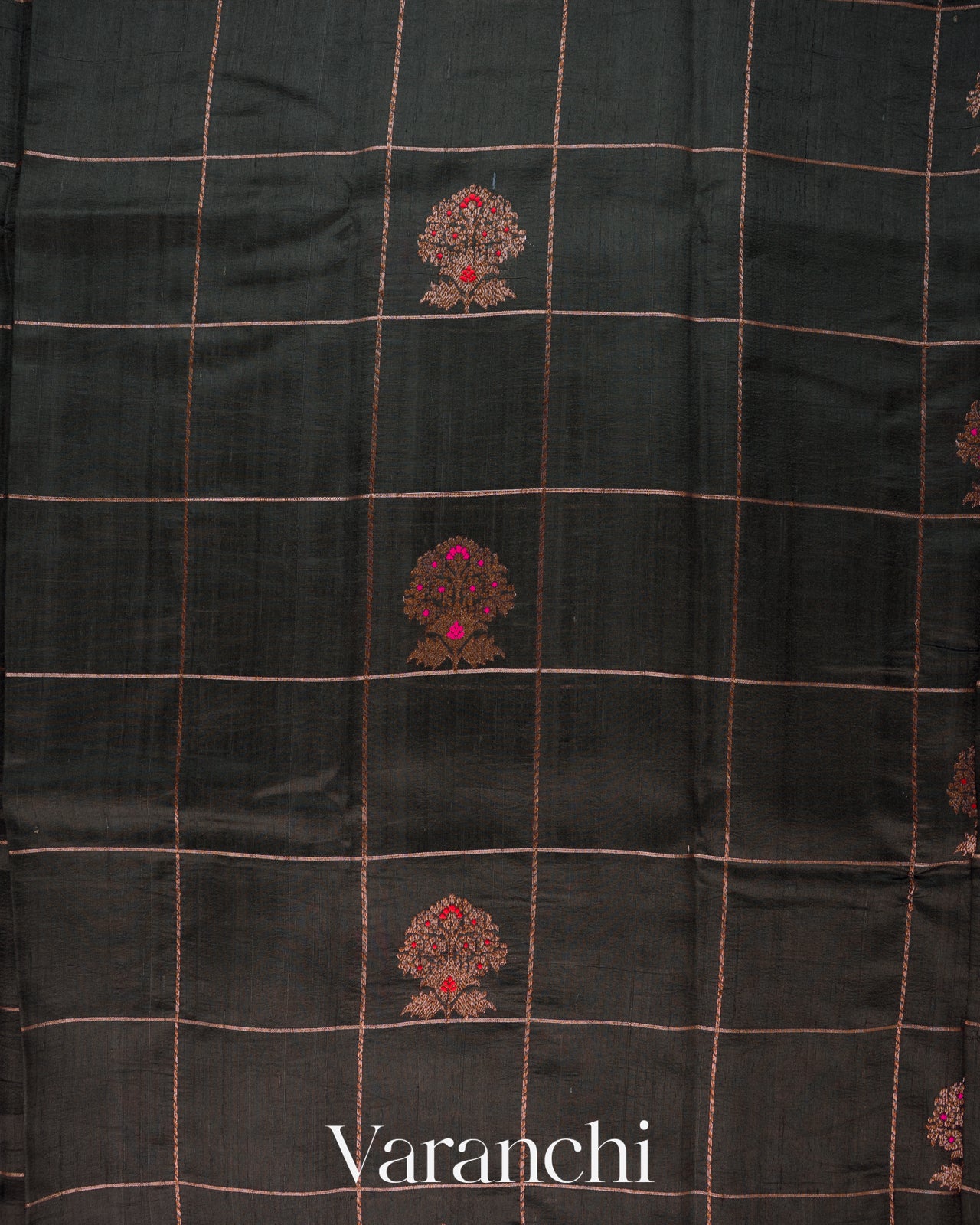 Black Checked Pure Raw Silk Handloom Saree