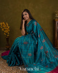 Peacock Blue Checkered Pure Raw Silk Handloom Saree