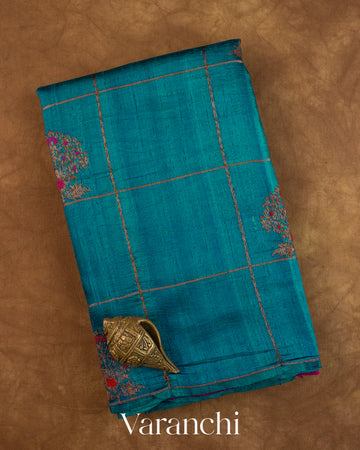 Peacock Blue Checkered Pure Raw Silk Handloom Saree