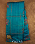 Peacock Blue Checkered Pure Raw Silk Handloom Saree