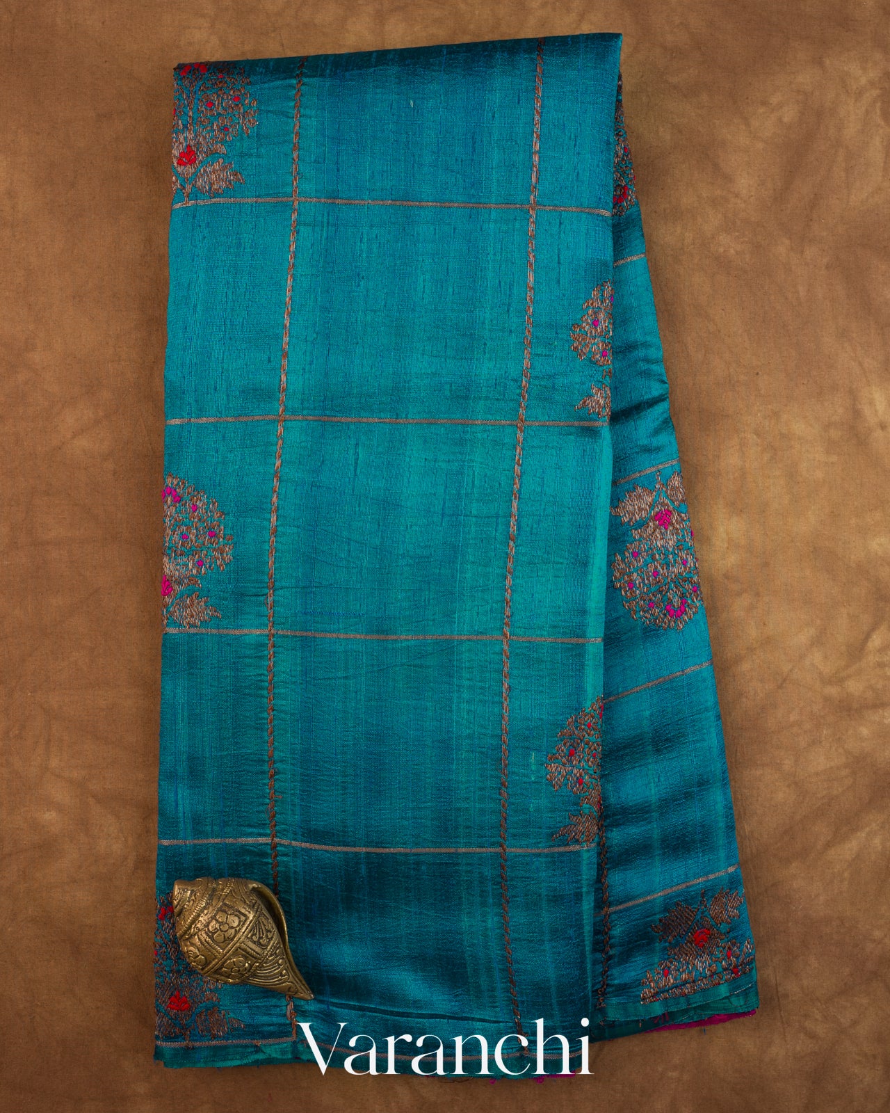 Peacock Blue Checkered Pure Raw Silk Handloom Saree