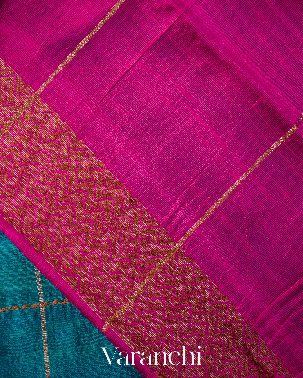 Peacock Blue Checkered Pure Raw Silk Handloom Saree