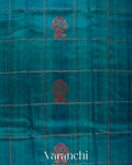 Peacock Blue Checkered Pure Raw Silk Handloom Saree