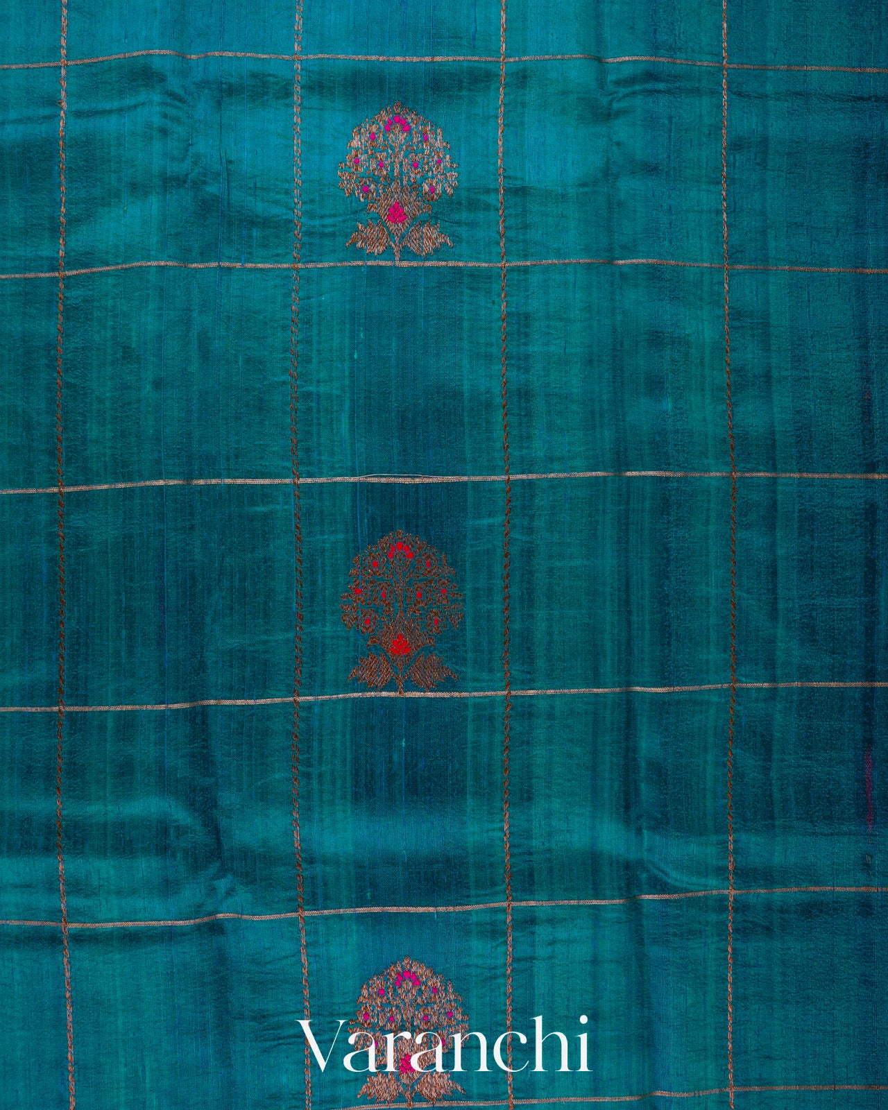Peacock Blue Checkered Pure Raw Silk Handloom Saree