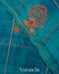Peacock Blue Checkered Pure Raw Silk Handloom Saree