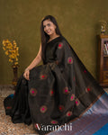 Black Circular Butta Pure Raw Silk Handloom Saree