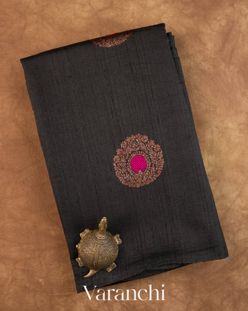 Black Circular Butta Pure Raw Silk Handloom Saree