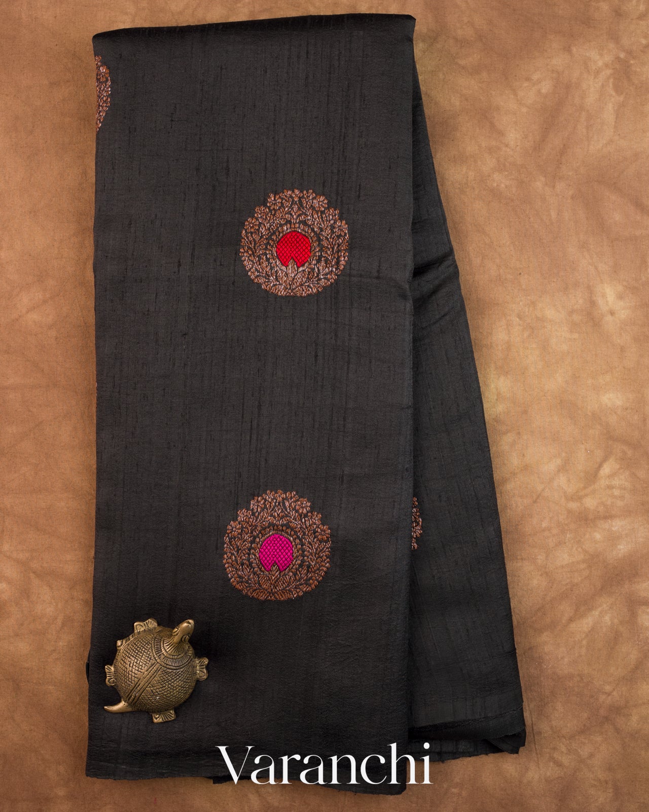Black Circular Butta Pure Raw Silk Handloom Saree