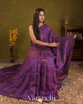 Purple Checked Pure Raw Silk Handloom Saree