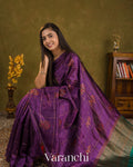 Purple Checked Pure Raw Silk Handloom Saree