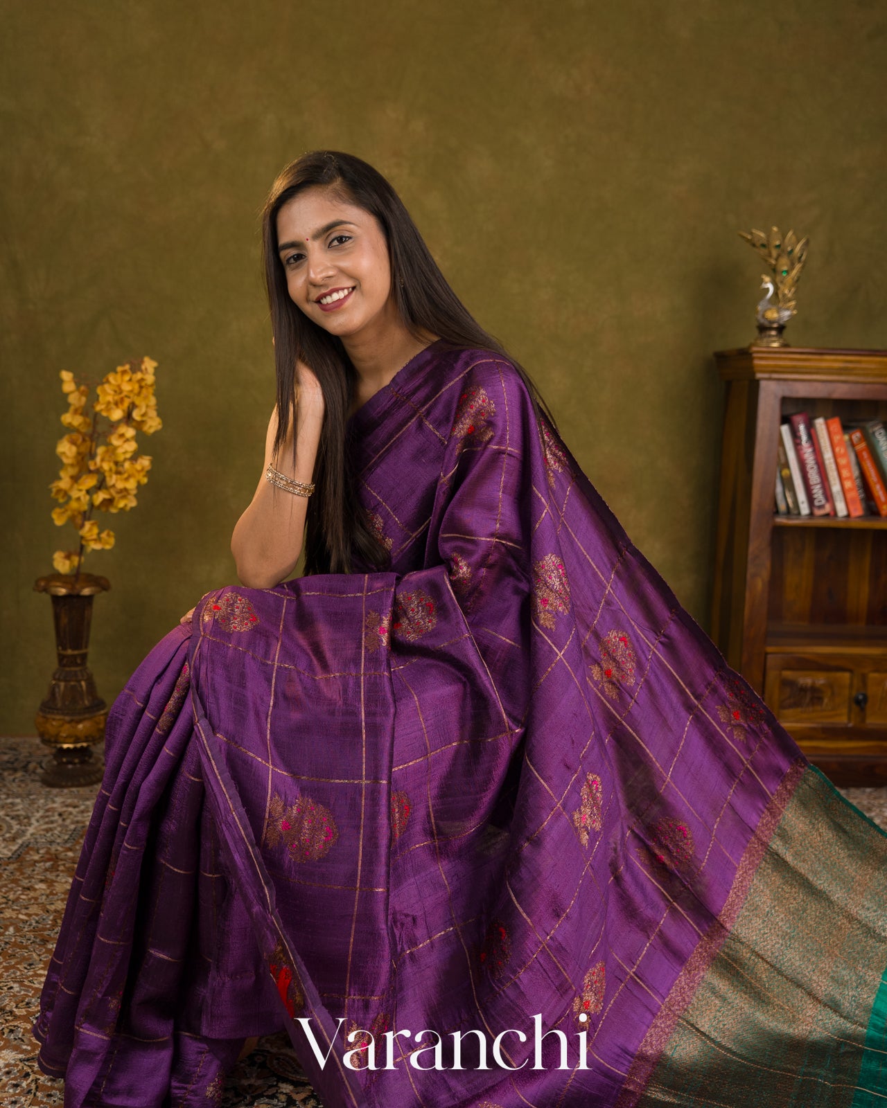 Purple Checked Pure Raw Silk Handloom Saree