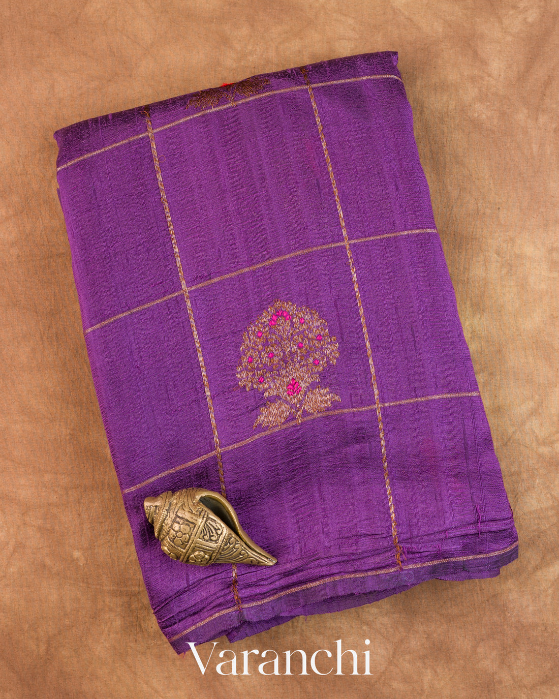Purple Checked Pure Raw Silk Handloom Saree