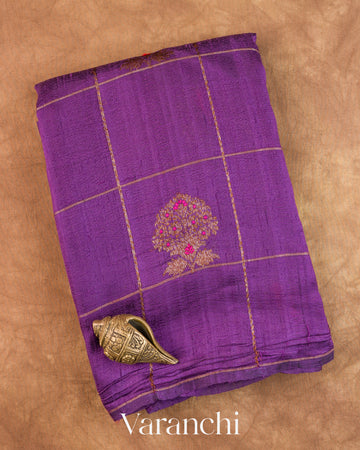 Purple Checked Pure Raw Silk Handloom Saree