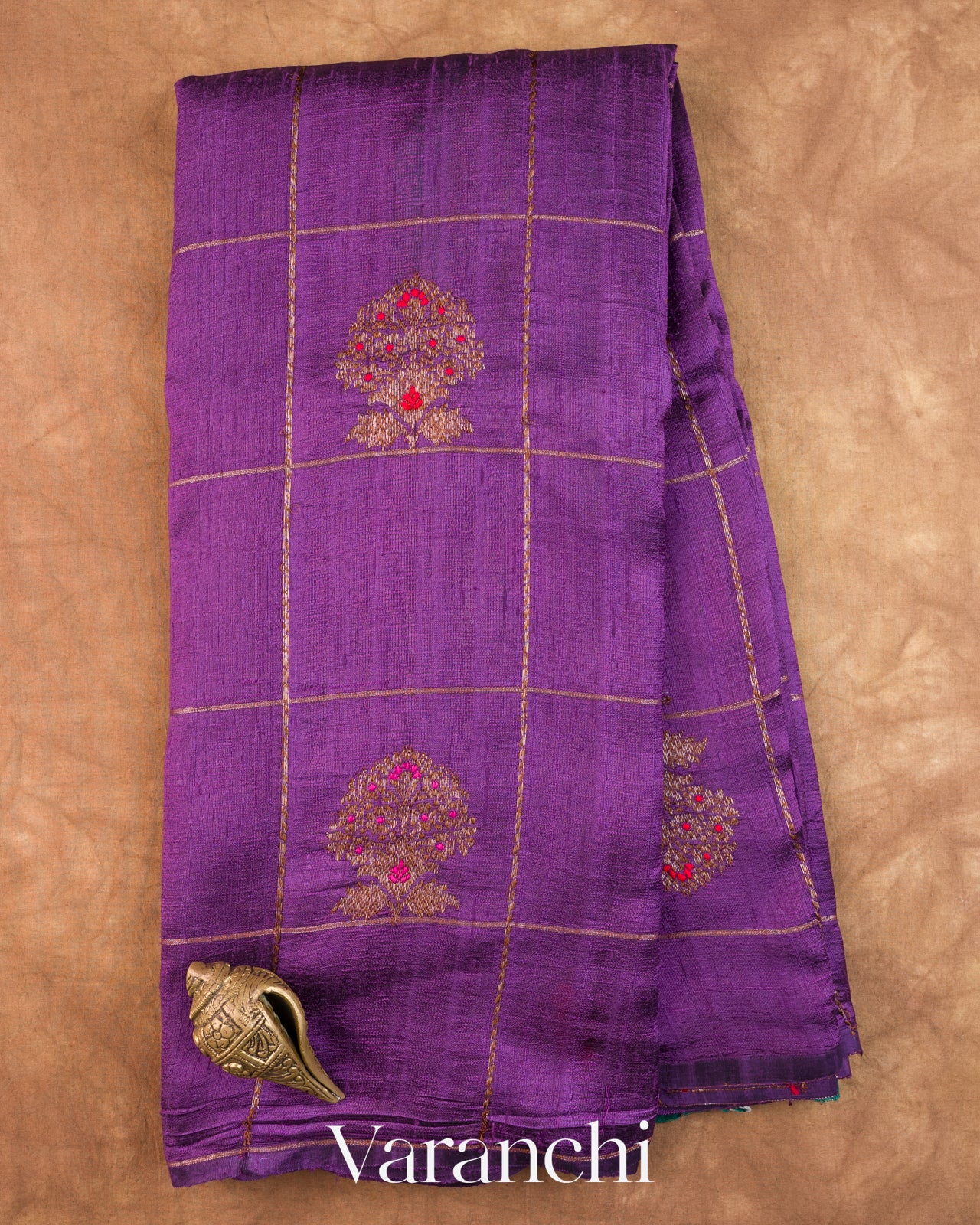 Purple Checked Pure Raw Silk Handloom Saree