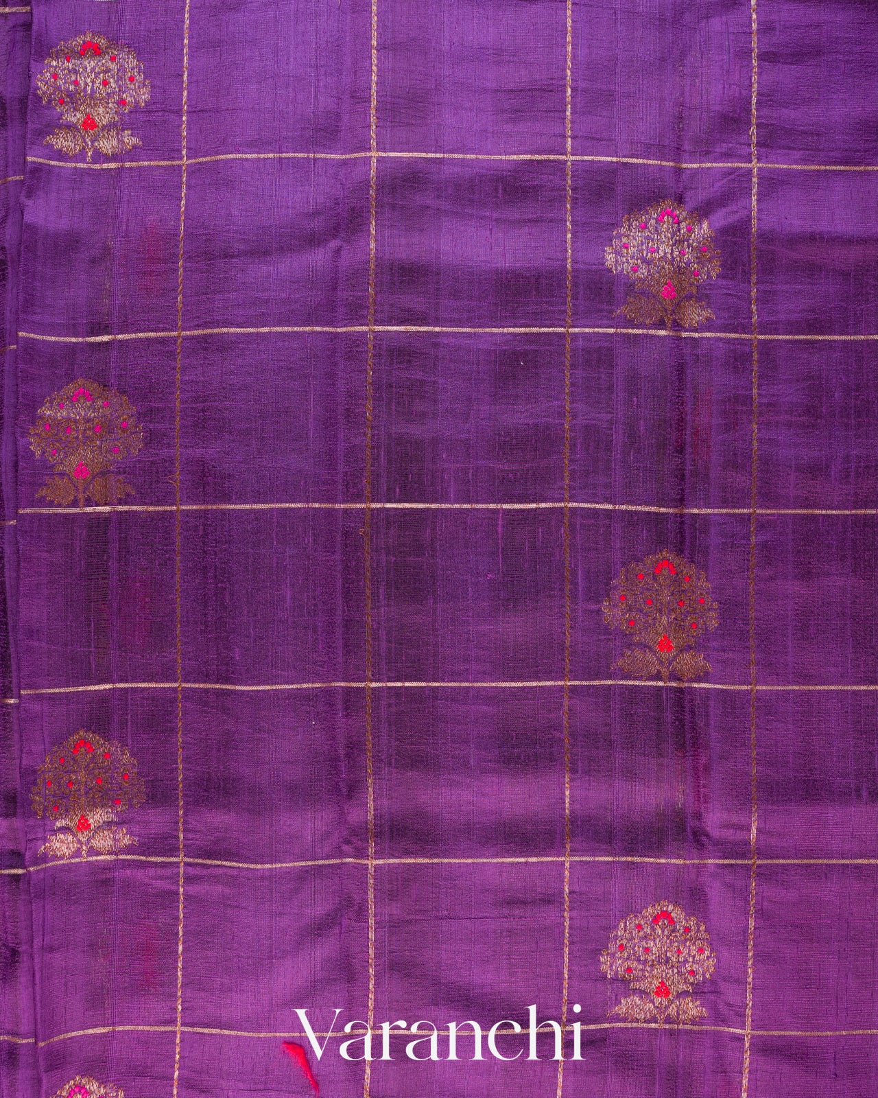 Purple Checked Pure Raw Silk Handloom Saree