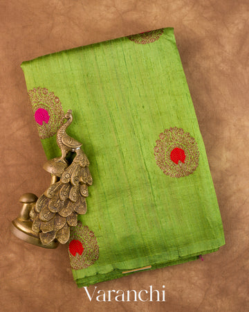 Parrot Green Borderless Pure Raw Silk Handloom Saree