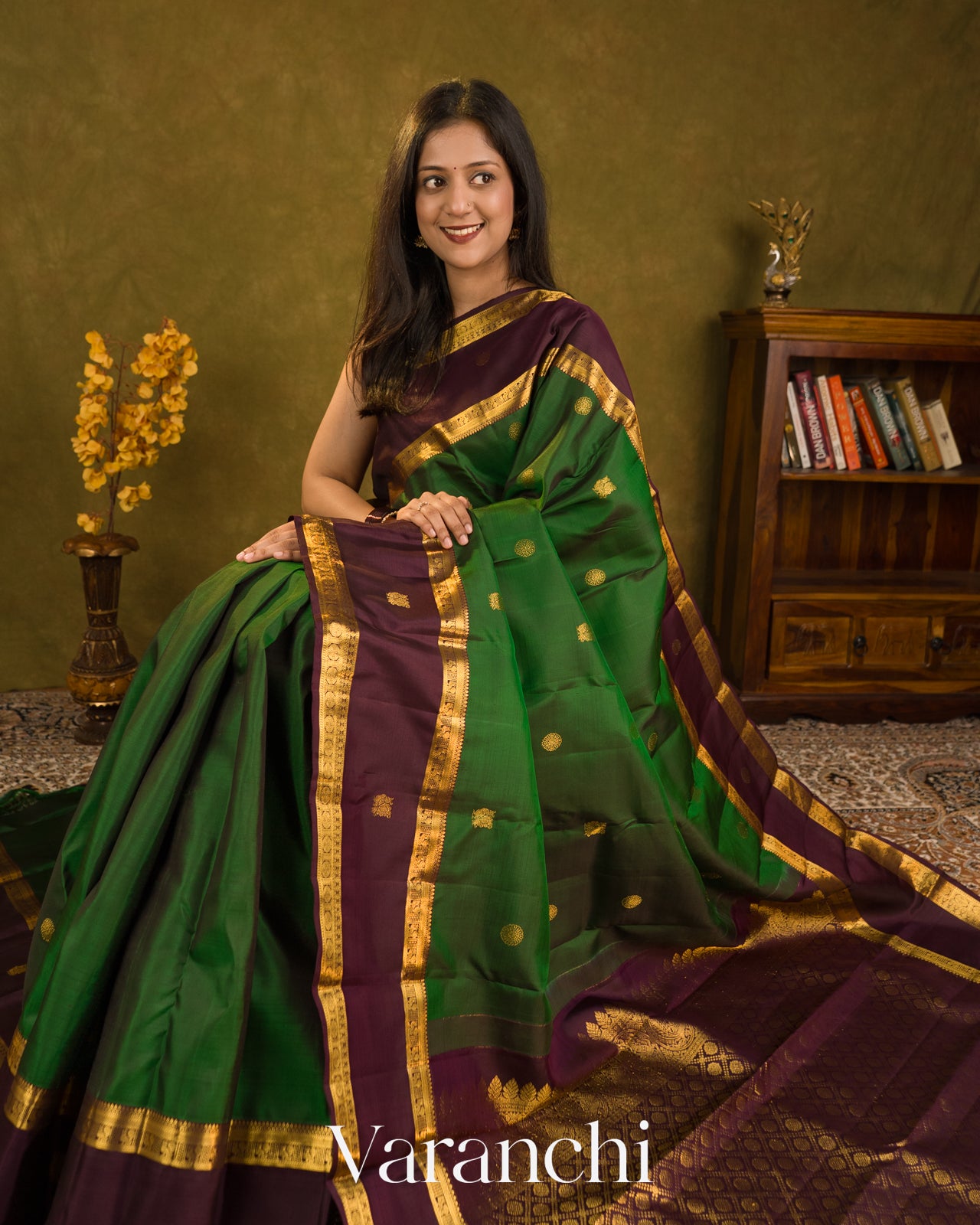 Bottle Green Korvai Pure Kanchipuram Silk Handloom Saree
