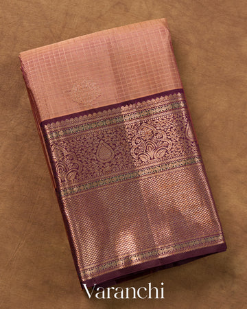 Peach Checkered Korvai Border Pure Kanchipuram Silk Handloom Saree