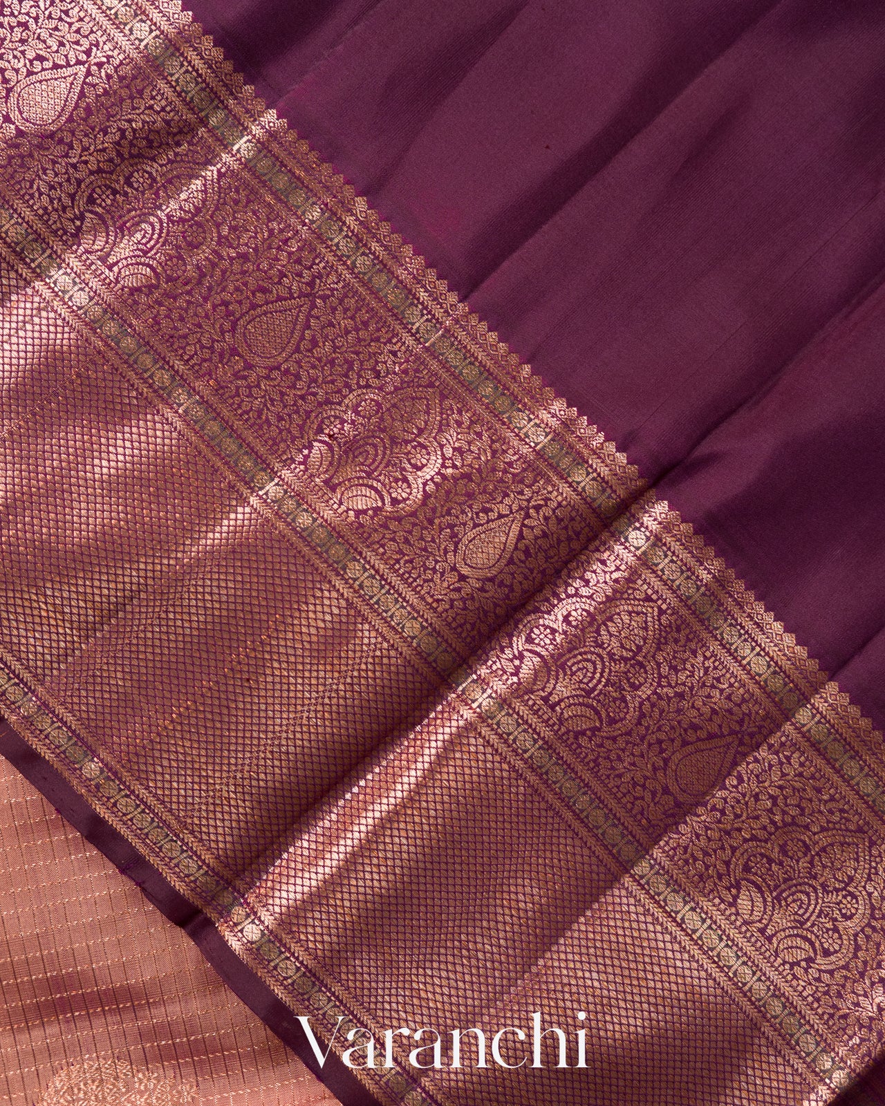 Peach Checkered Korvai Border Pure Kanchipuram Silk Handloom Saree