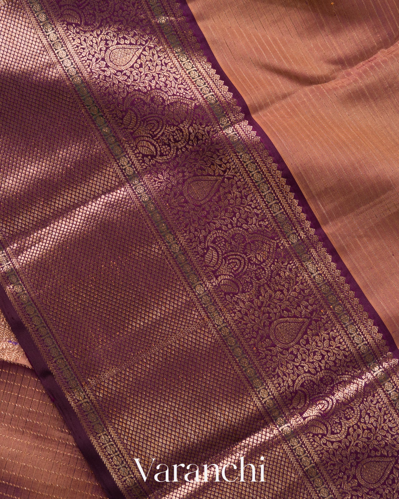 Peach Checkered Korvai Border Pure Kanchipuram Silk Handloom Saree