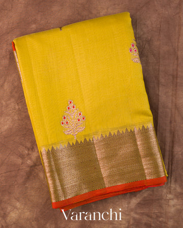 Olive Yellow Pure Chanderi Silk Cotton Handloom Saree