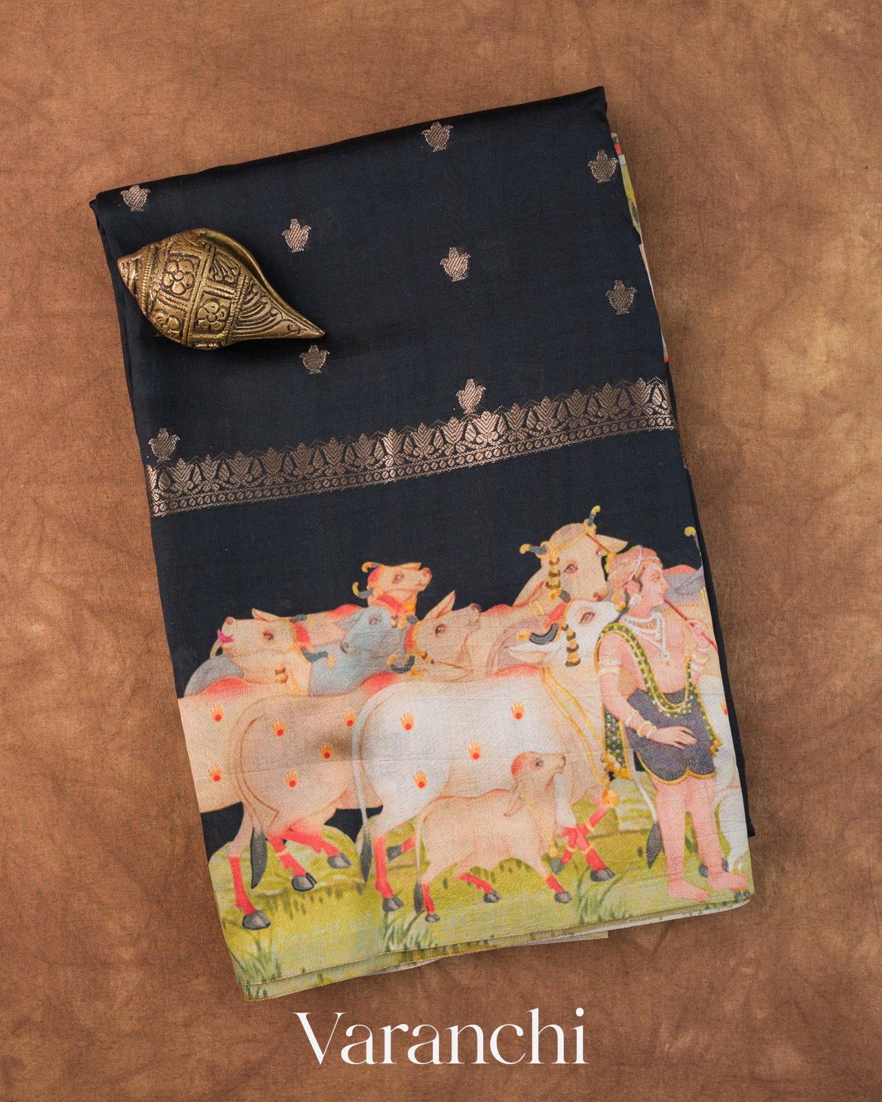 Black Pichwai Digital Printed Pure Chiniya Silk Saree