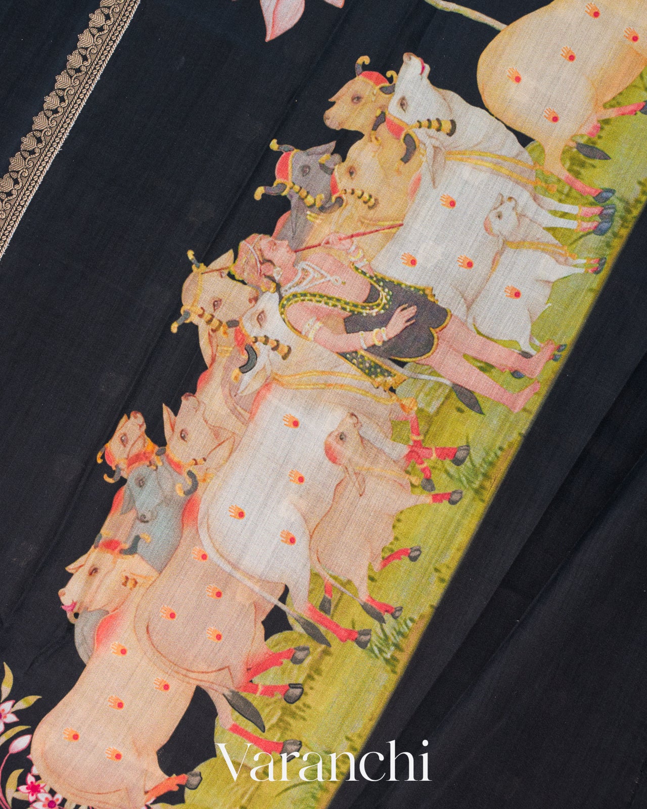 Black Pichwai Digital Printed Pure Chiniya Silk Saree