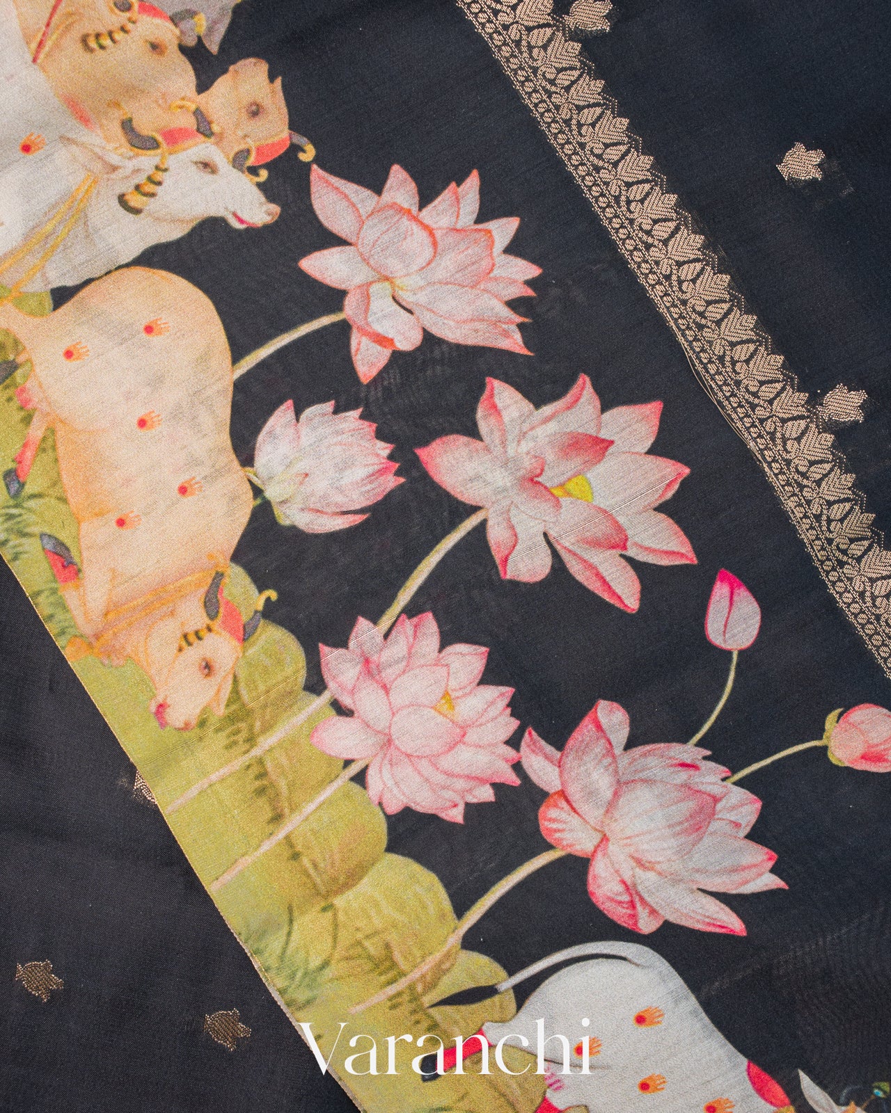 Black Pichwai Digital Printed Pure Chiniya Silk Saree