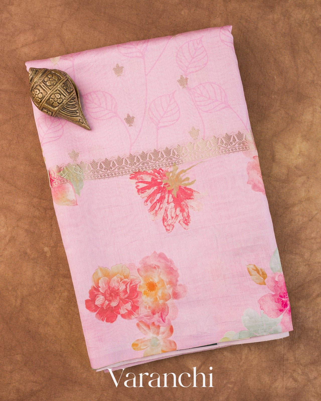 Baby Pink Floral Digital Printed Pure Chiniya Silk Saree