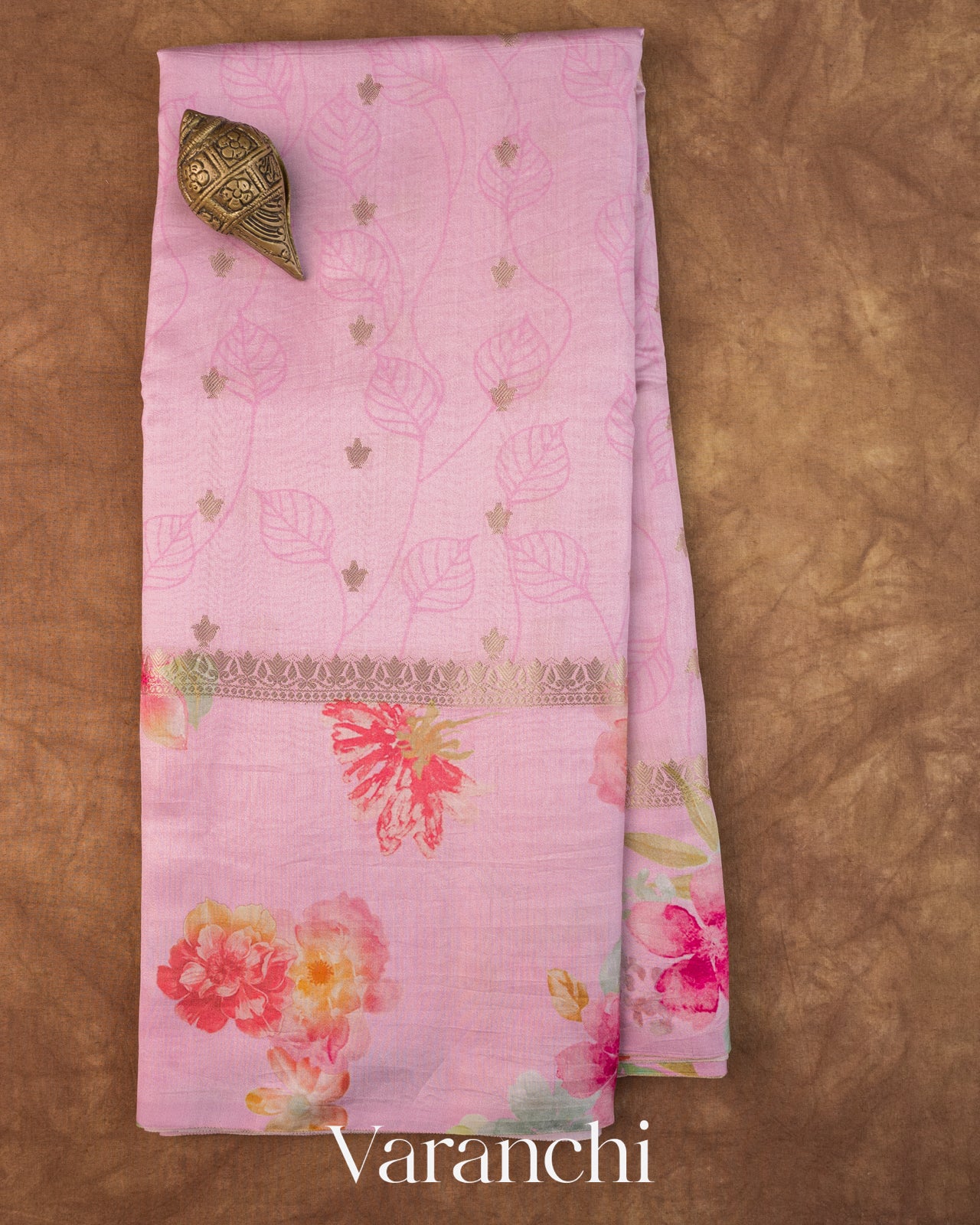 Baby Pink Floral Digital Printed Pure Chiniya Silk Saree