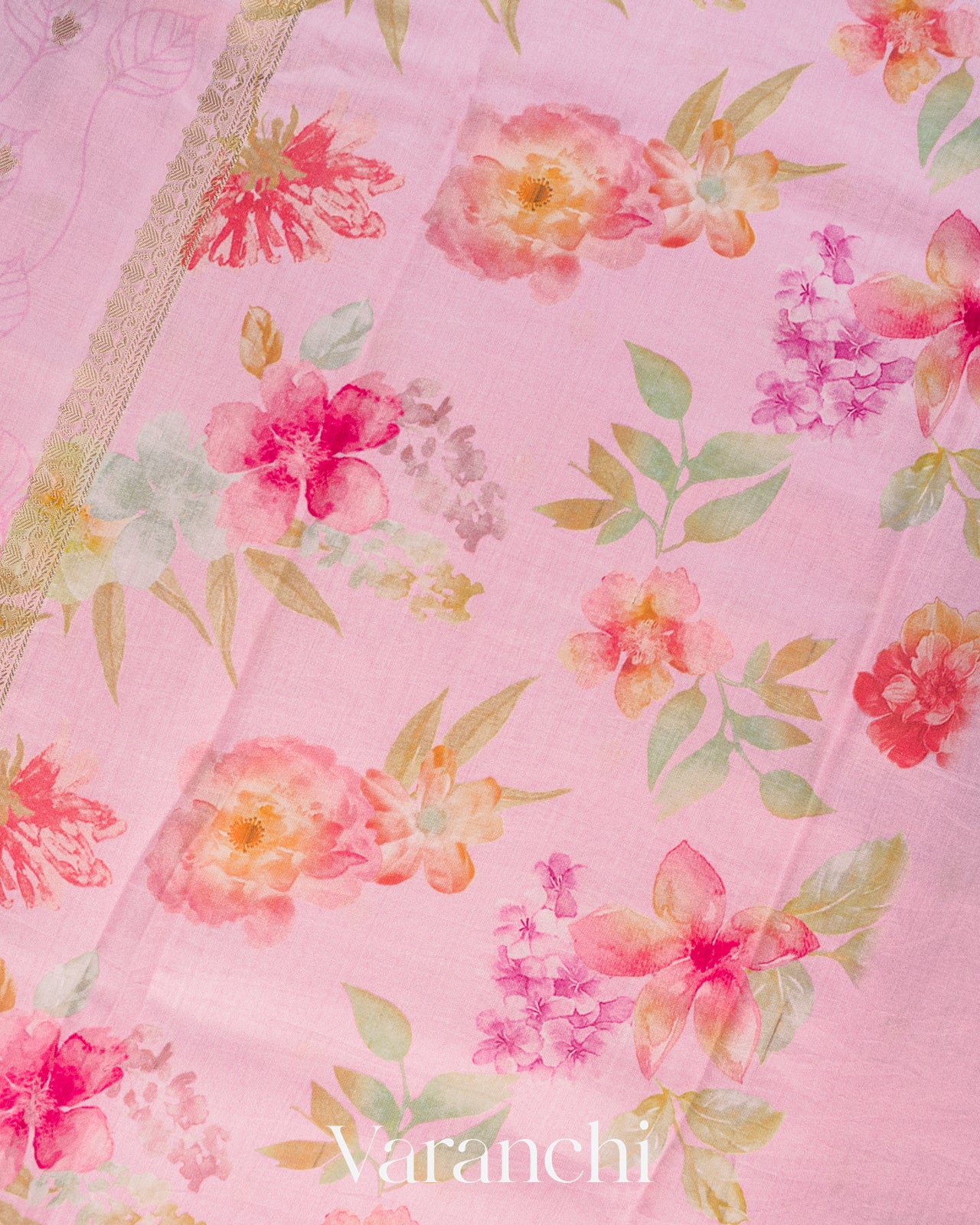 Baby Pink Floral Digital Printed Pure Chiniya Silk Saree