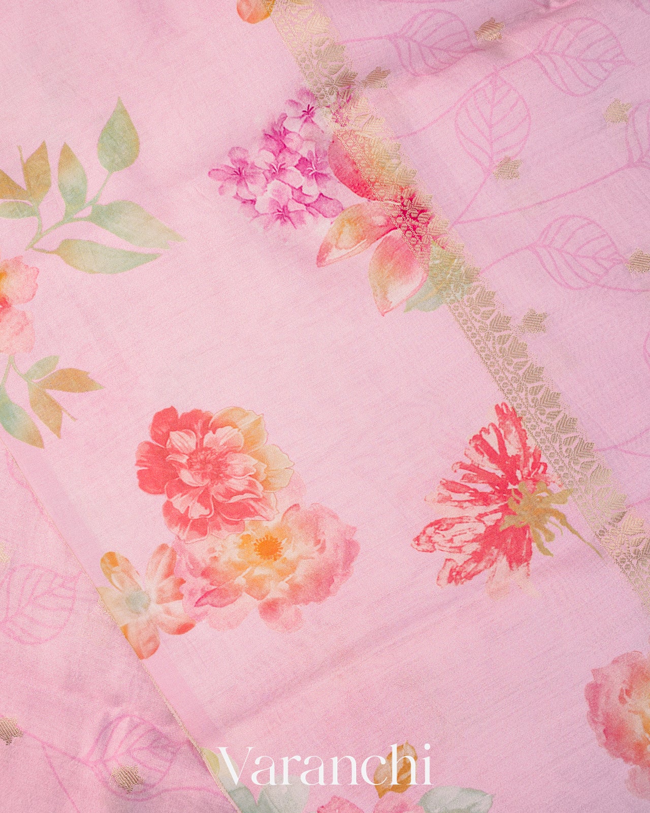 Baby Pink Floral Digital Printed Pure Chiniya Silk Saree