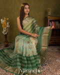 Sea Green Kalamkari Printed Pure Kora Silk Saree — Draped