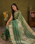 Sea Green Kalamkari Printed Pure Kora Silk Saree — Draped