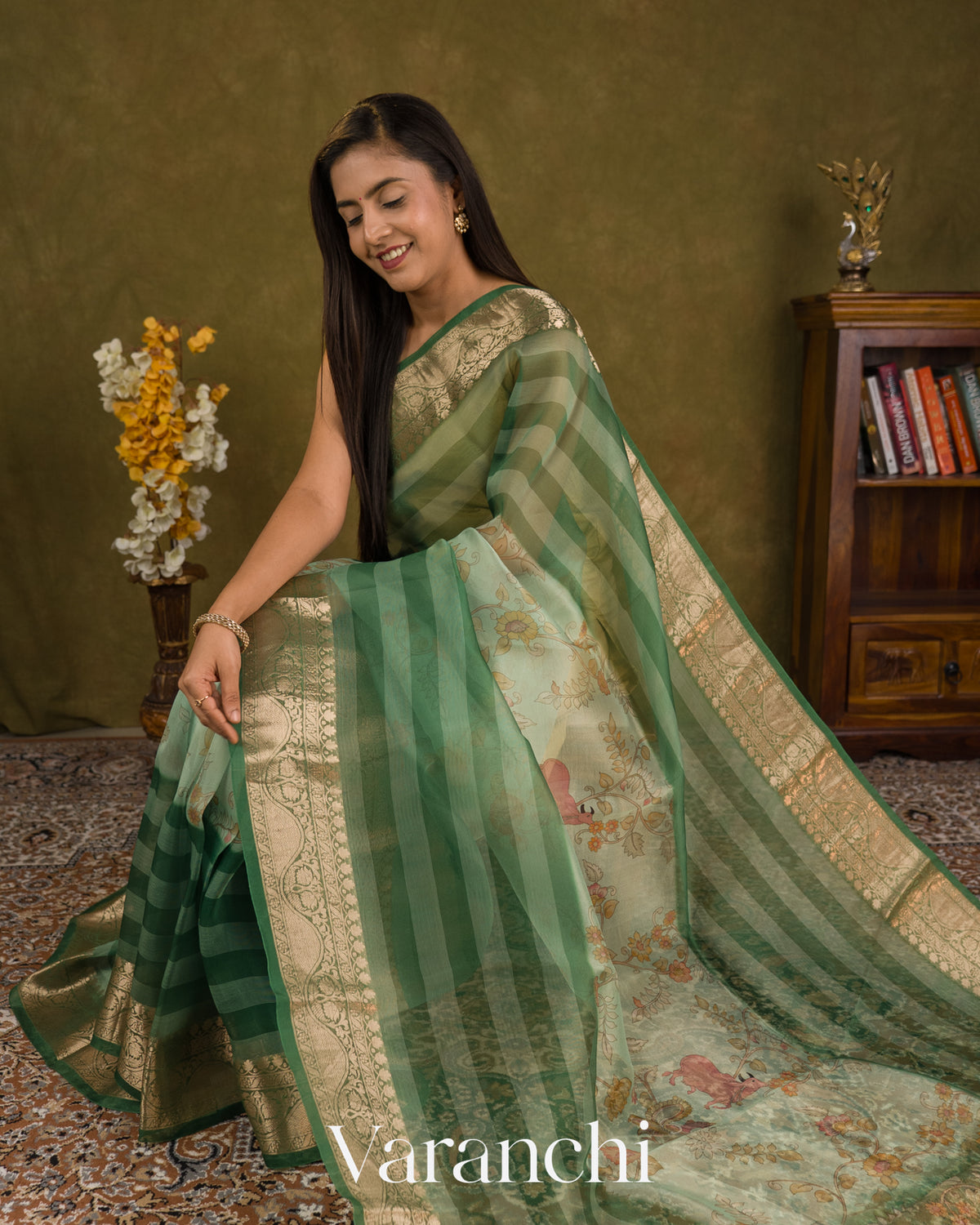Sea Green Kalamkari Printed Pure Kora Silk Saree — Draped