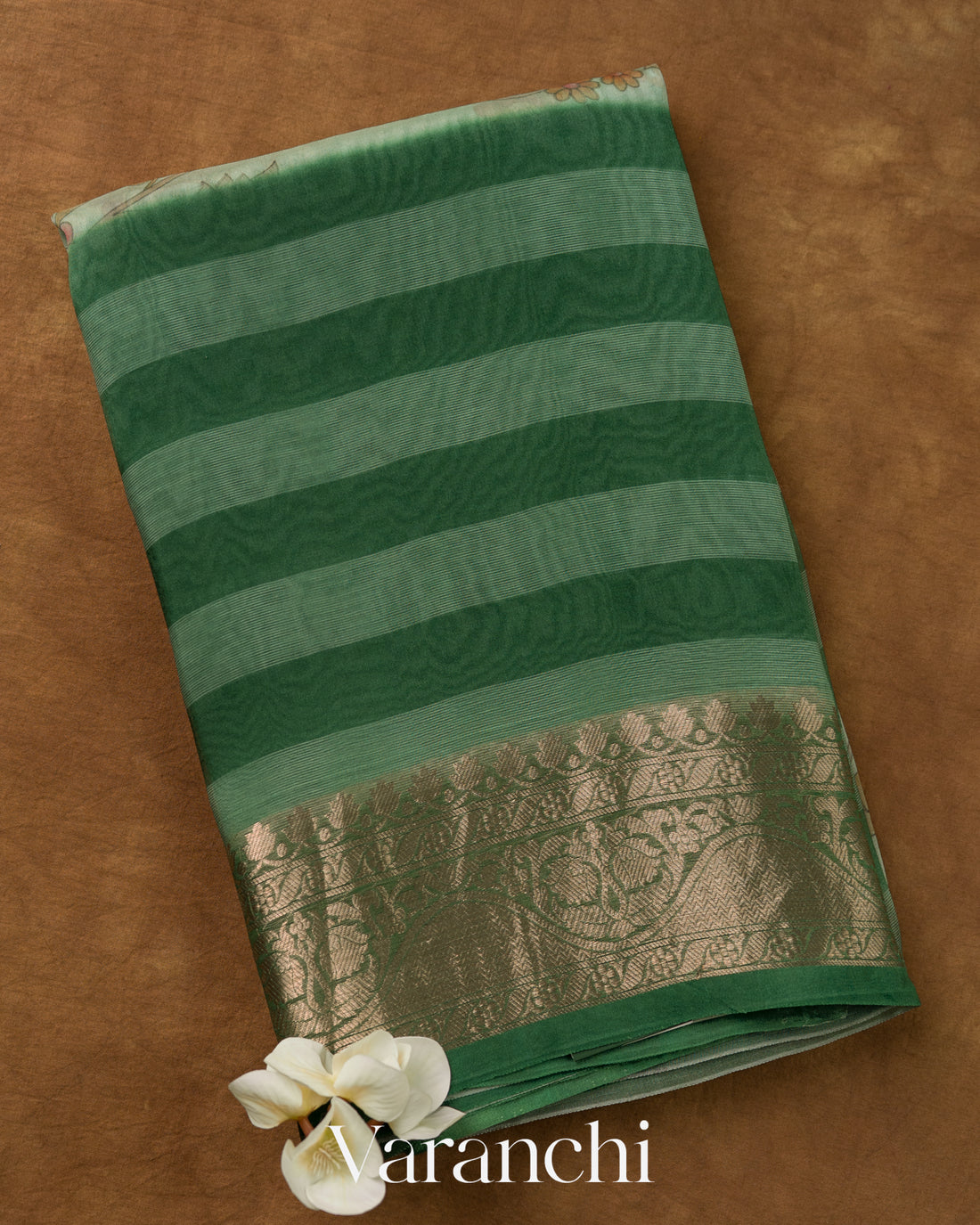 Sea Green Kalamkari Printed Pure Kora Silk Saree — Folded