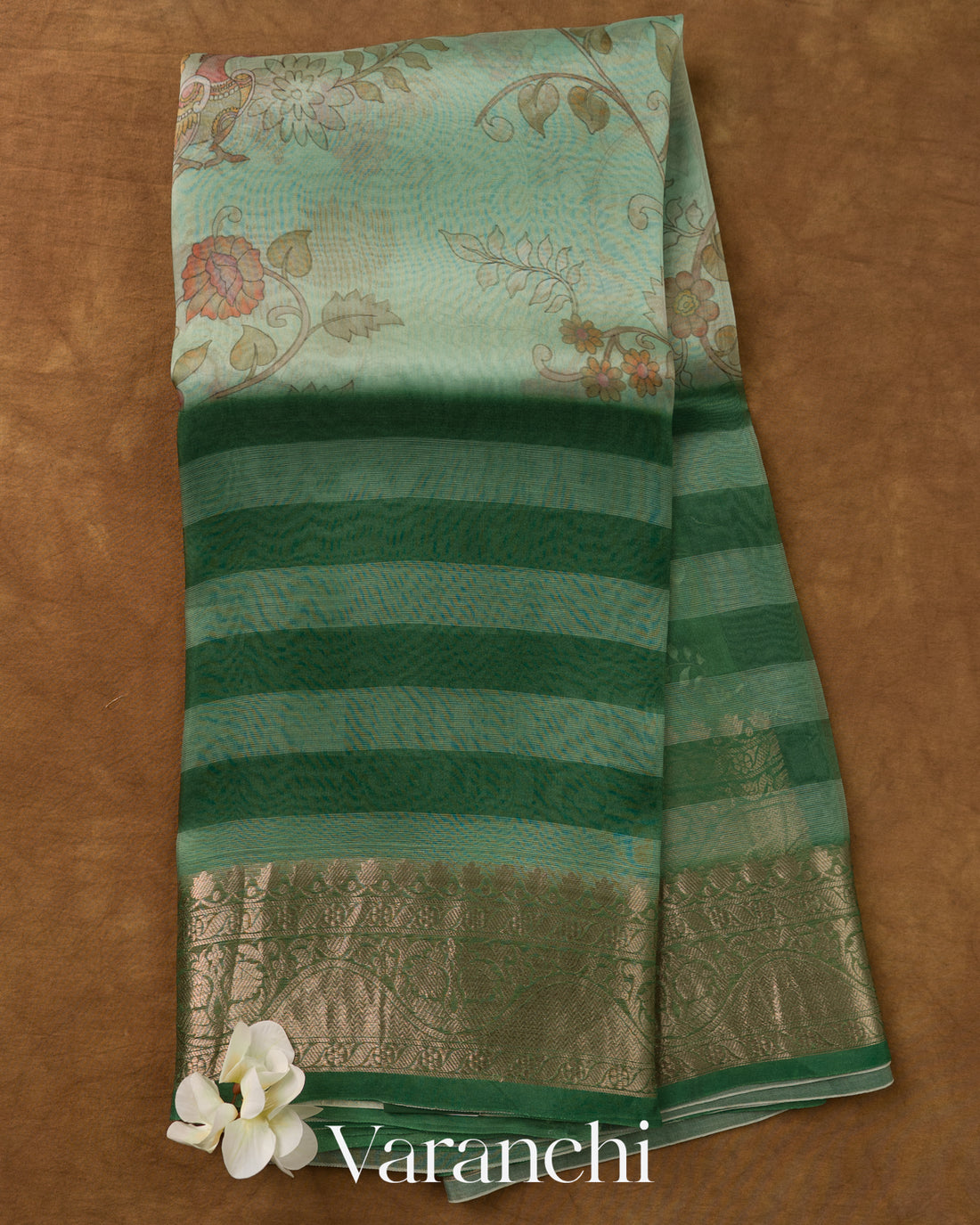 Sea Green Striped Kalamkari Pure Kora Silk Saree