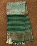 Sea Green Striped Kalamkari Pure Kora Silk Saree